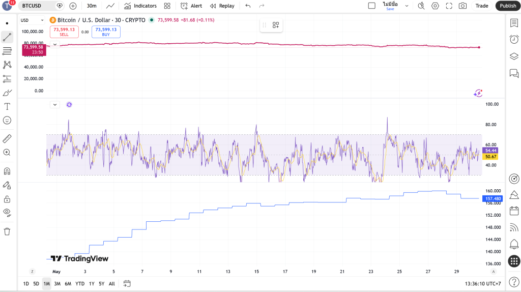 ถอดรหัสวัฏจักรบิตคอยน์ วิธีวิเคราะห์ Bitcoin Halving และแนวโน้มราคา 2 กราฟเทคนิคัลราคา Bitcoin BTCUSD กรอบเวลา 30 นาที และดัชนีชี้วัดบน TradingView