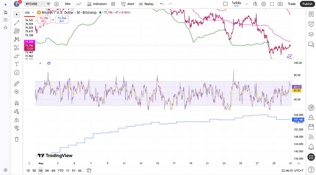 กราฟเทคนิคัลแท่งเทียนราคา Bitcoin BTCUSD ทามเฟรม 30 นาที และอินดิเคเตอร์ RSI บน TradingView