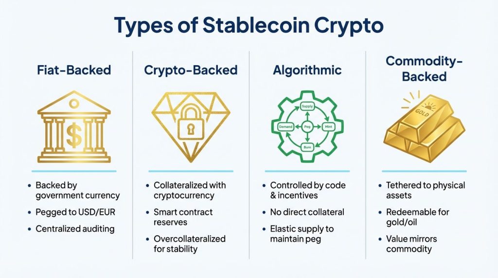 แผนผังอินโฟกราฟิกจำแนกประเภทสเตเบิลคอยน์ออกเป็น Fiat Backed, Crypto Backed, Algorithmic และ Commodity Backed