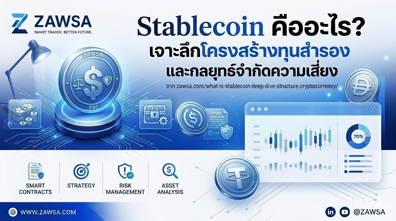 ภาพปกแบนเนอร์ทางการบทความ Stablecoin คืออะไร เจาะลึกโครงสร้างทุนสำรองและกลยุทธ์จำกัดความเสี่ยง ของเว็บไซต์ ZAWSA